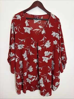 Downing Studio Flowy Burnt Red Floral V-Neck Women's Top